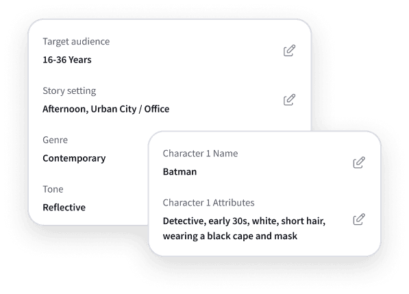 Story breakdown screen showing chapters and characters extracted from an uploaded manuscript